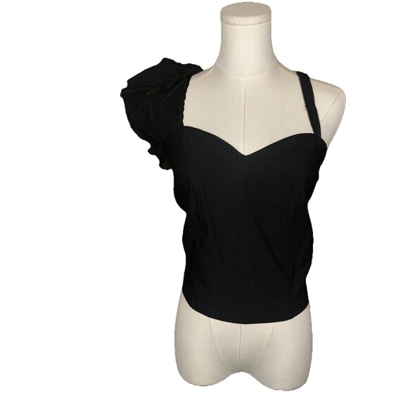 Ashley Stewart Black One-Shoulder Bustier Top Size 14 NWT Ruffle Statement Top - Picture 3 of 12